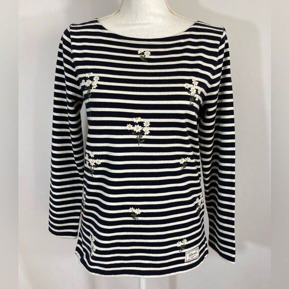 Talbots Women's Petite Blue Stripe Floral Knit Top Embroidered Cottagecore - Picture 2 of 9